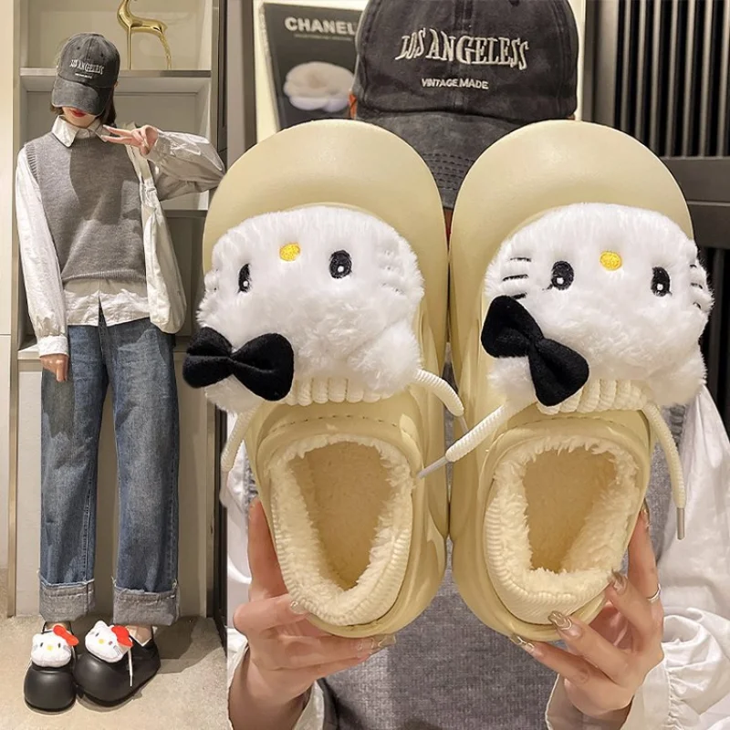 Sanrio Hello Kitty осенне-зимние плюшевые теплые хлопковые тапочки с сумкой женские