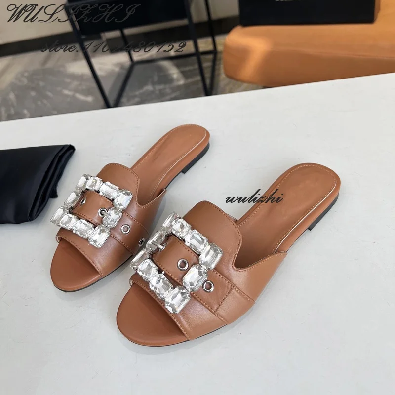 Босоножки женские кожаные с квадратной пряжкой роскошные открытые туфли без