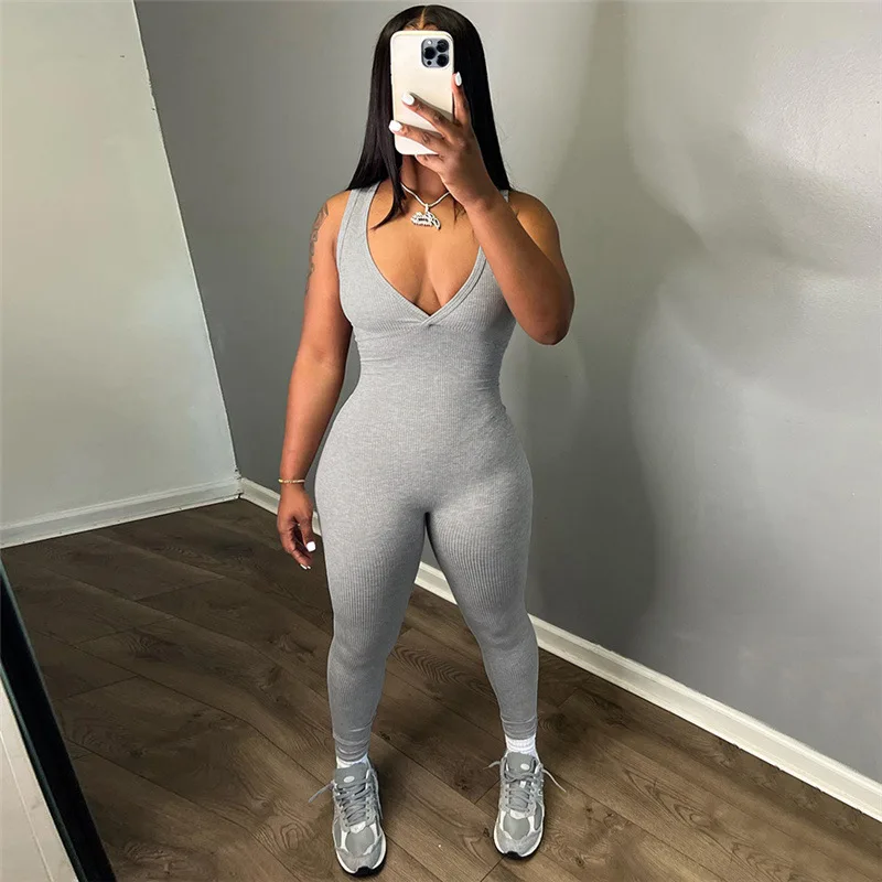 

2023 Winter New Women's Fashion Solid Color Black Gray Sleeveless Sexy Low-cut V-neck Slim Casual One-piece Pants Women
