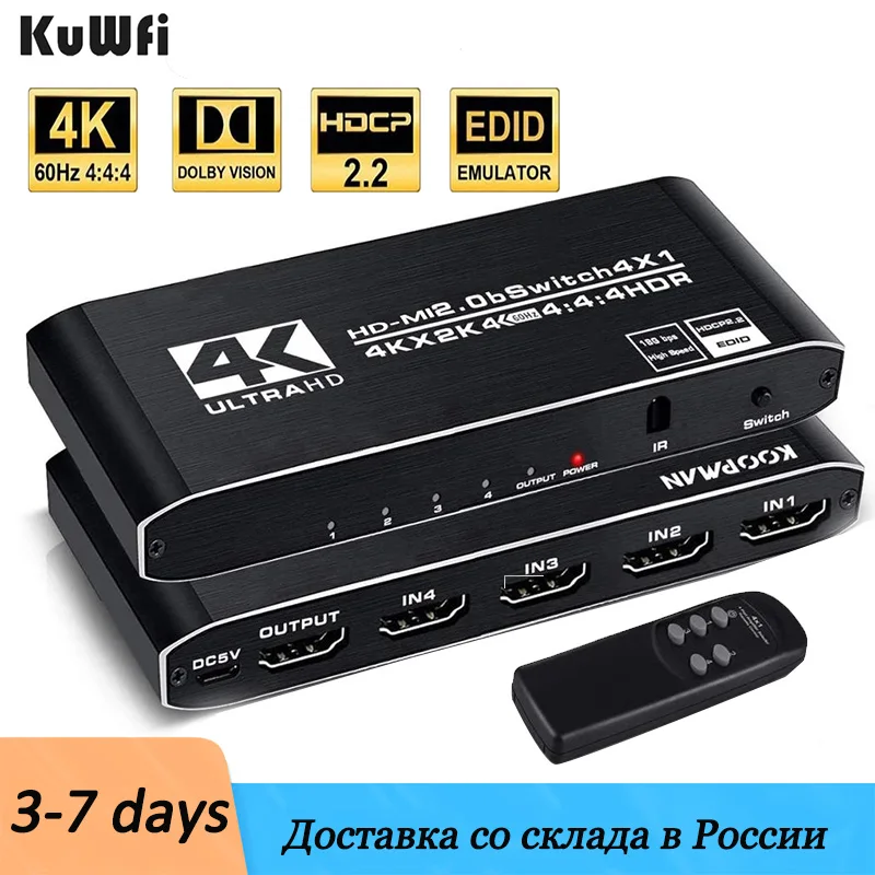 KuWFi 4K 60HZ HDMI Switch 4 In 1 Out HDMI 2.0 Splitter Selector with IR Remote Control Support HDCP 2.2 for PS4 Xbox TV Stick