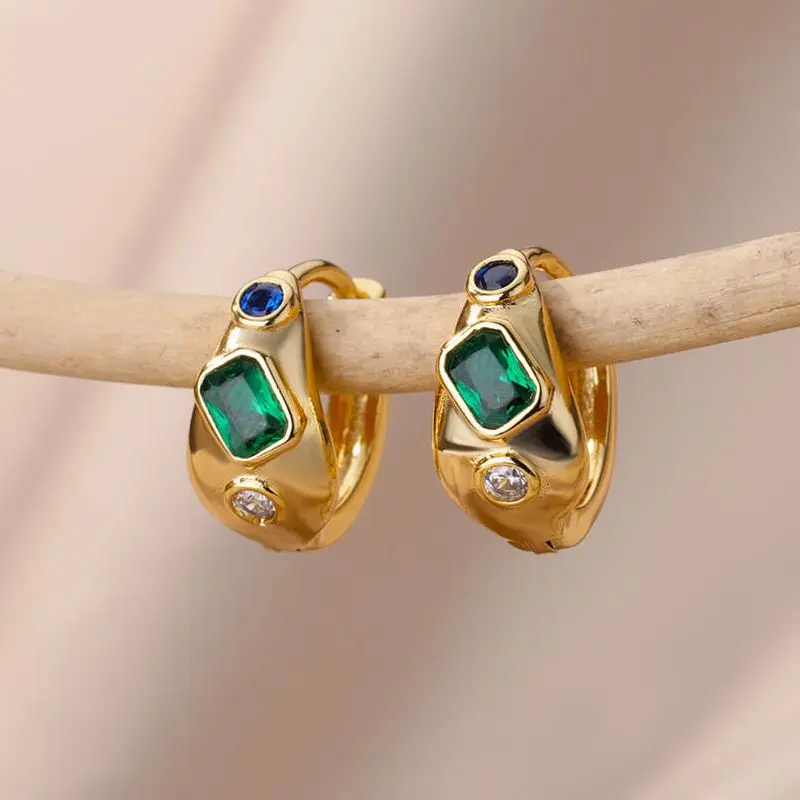 

Square Green Zircon Hoop Earrings for Women Gold Plated Stainless Steel Earrings 2023 Trending Luxury Aesthetic Jewelry aretes