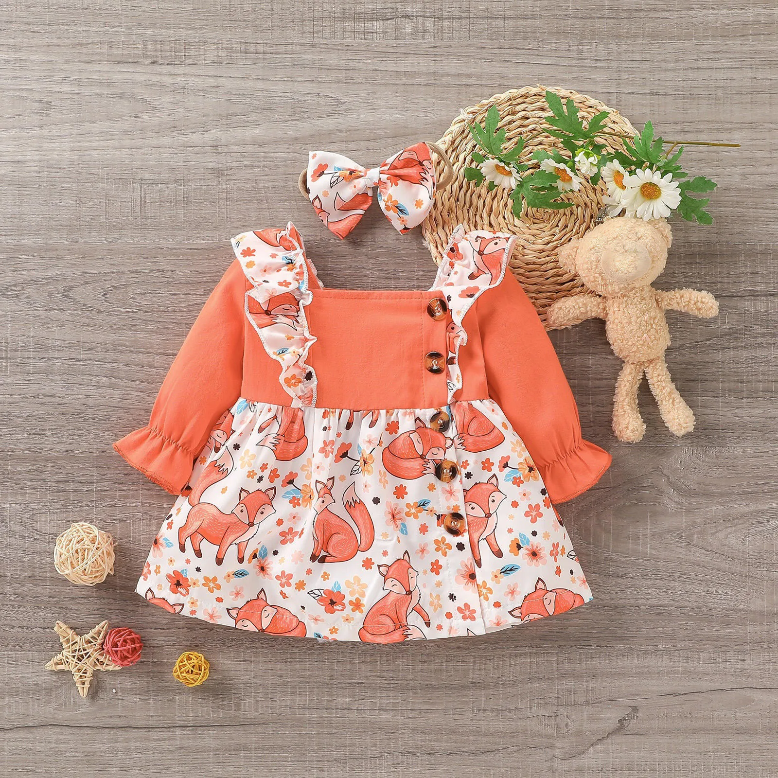 Демисезонное платье для маленьких девочек с длинным рукавом и цветочным принтом