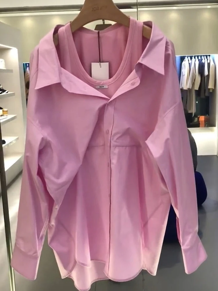 

French Style Loose Pink Shirt 2023 Spring New Unique Loose Fake Two Piece Shirt Top blouse blusa feminina