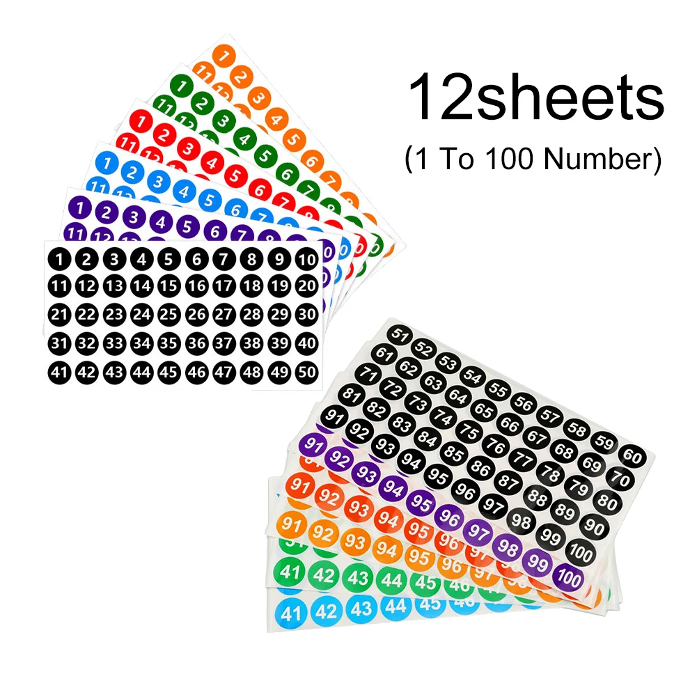 

12sheets/600pcs Removable Round Colourful Label Student For Planner School Kids Adults 1 To 100 Number Sticker Set Consecutive