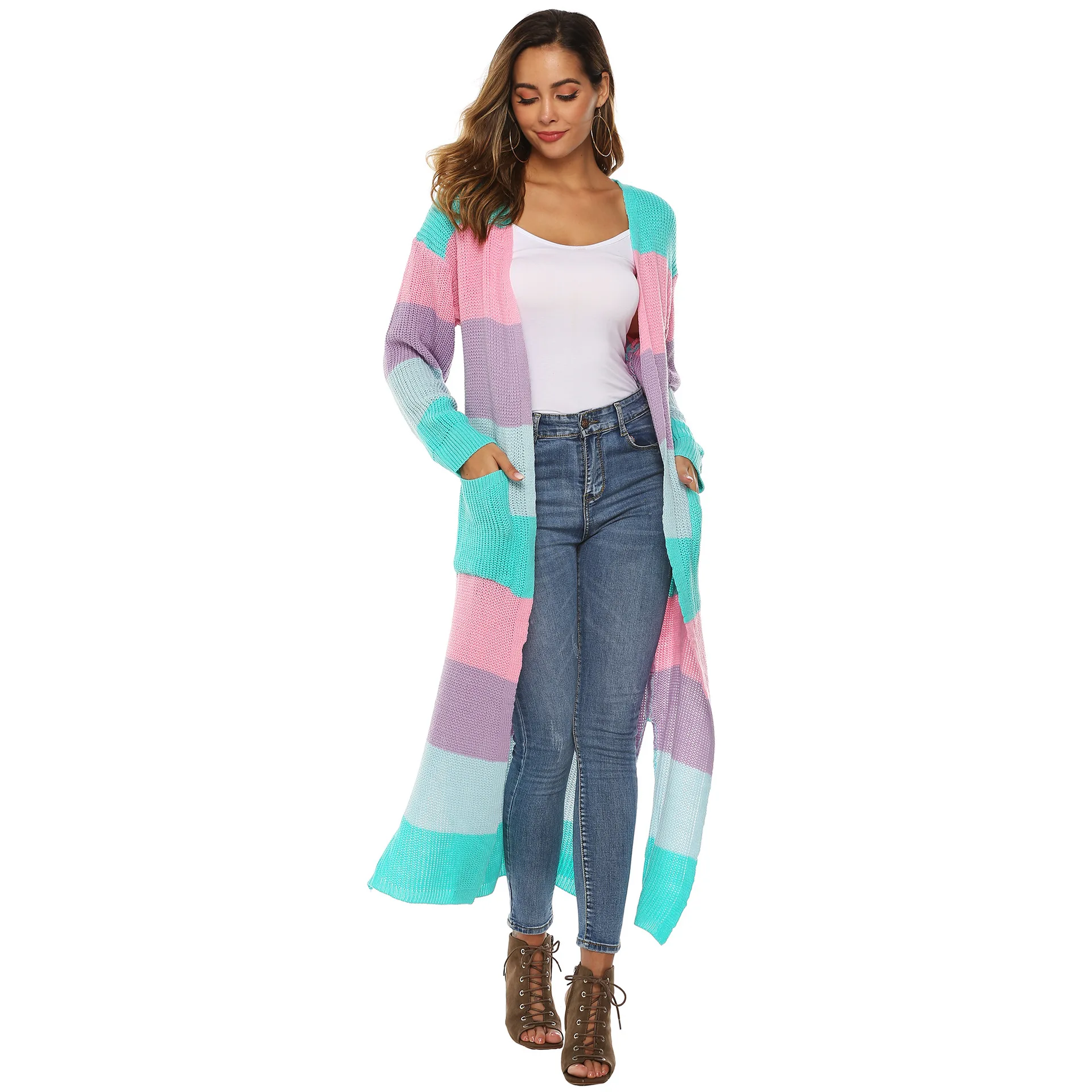 

2022 Autumn Winter Women Cardigans Mixed Color Patchwork Stripe Split Large Pocket Long Knitted Cardigan Thickened Cardigan Coat