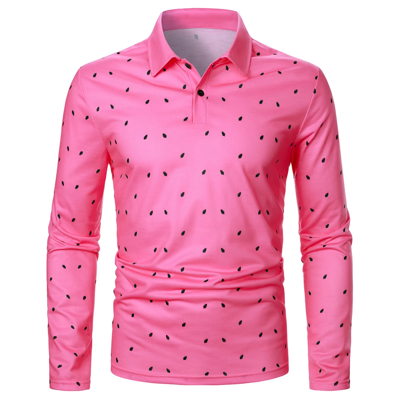 

Men Polo Shirts Casual Print Slim Shirt Tops Turn-Down-Collar Long-Sleeve Button Polo Blouse Business Work Office Male Outfits