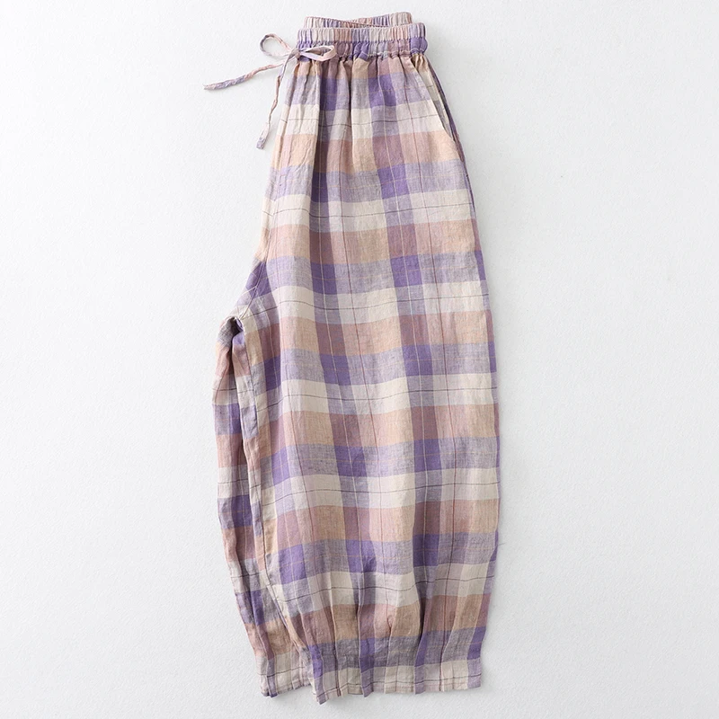 Женские хлопковые брюки до щиколотки повседневные свободные шаровары в клетку с