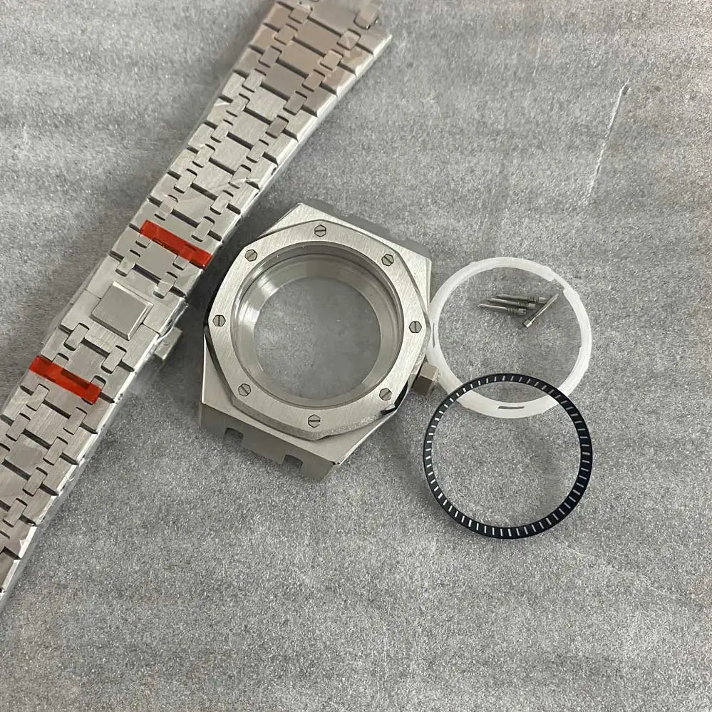 41mm Watch Case + Steel Band + Inner Shadow Circle Sapphire Glass Mirror Watch Accessory Set for NH35/ NH36/ 4R36 Movement