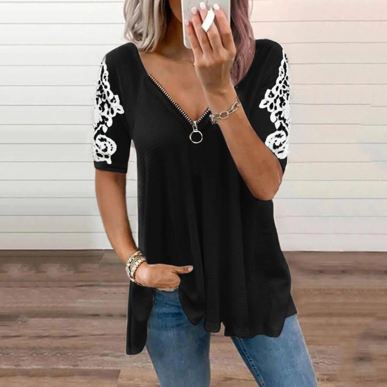 

Однотонная Женская туника на молнии с V-образным вырезом, Повседневная модная летняя женская блузка с коротким рукавом, свободные топы и блу...