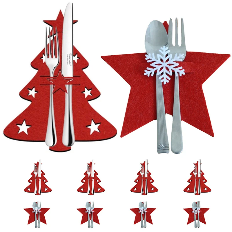 

4pcs Xmas Cutlery Bag Pocket Christmas Tree Stars Snowflake Fork Knife Spoon Holder Bags for Kitchen Organizer Tableware Decors