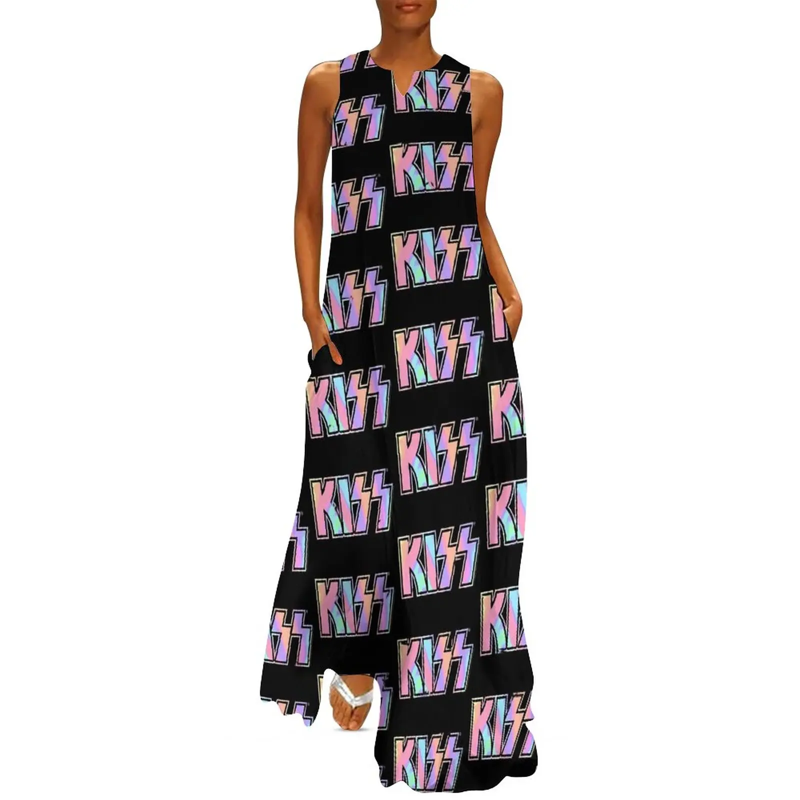 

Kiss Band Logo Dress Pastel Tie Dye Cute Maxi Dress Street Style Casual Long Dresses Summer V Neck Design Vestidos Big Size 5XL