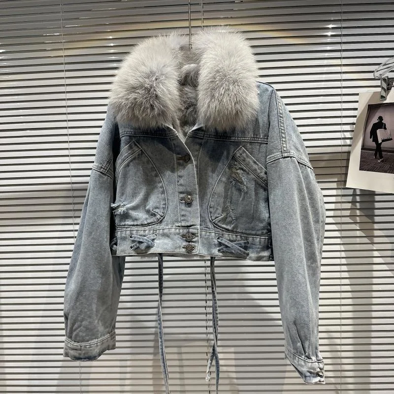 

BORVEMAYS, новинка зимы 2023, модная трендовая однобортная Свободная джинсовая куртка с отложным воротником и длинным рукавом, Женское пальто WX372