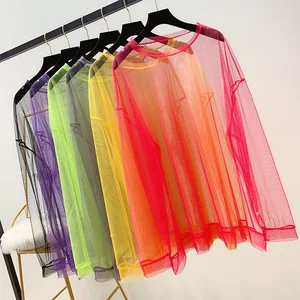 Женская прозрачная Сетчатая футболка с длинным рукавом и круглым вырезом