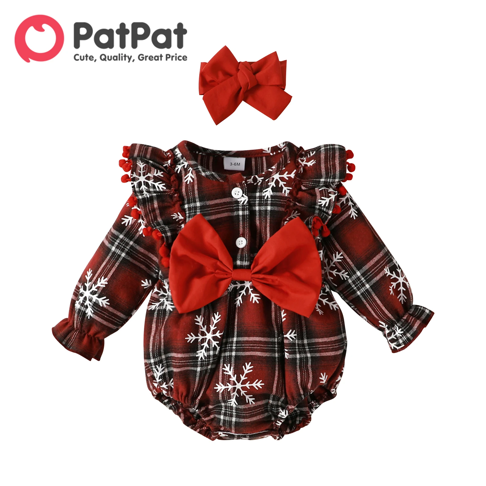 PatPat Christmas Costume Overalls Newborn Baby Girl Clothes New Born Jumpsuits 2pcs Snowflake Bow Romper with Headband Set