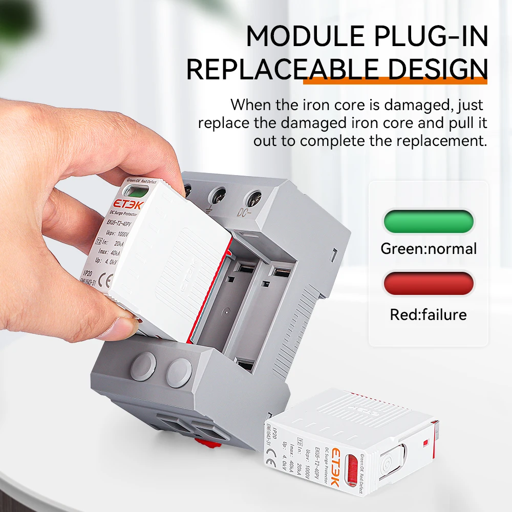 Фото ETEK SPD AC Тип 20KA 40kA Устройство защиты от перенапряжений 2P 4P 275V Устройство защиты от напряжения Солнечная фотоэлектрическая грозозащита EKU5-T2 №5