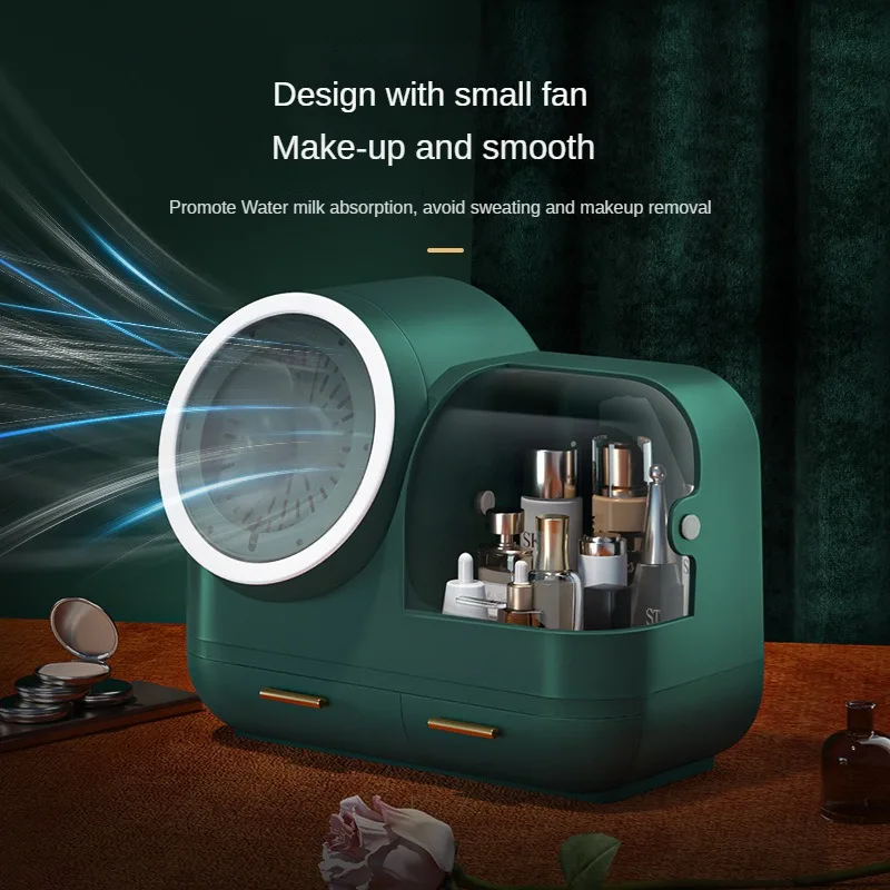 

LED Light Desktop Organizer Mirror Makeup Organizer Cosmetic Storage Box with Fan Drawer Beauty Box Birthday Gifts Dropshipping