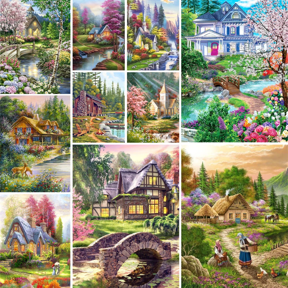 

Landscape Cartoon House Printed Canvas Cross-Stitch DIY Embroidery Patterns Sewing Needlework Hobby Craft Needle Magic Package