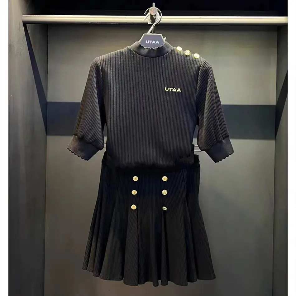 

Korean Version of Spring Golf Clothing Women's Long-sleeved Top T-shirt Threaded Pleated Skirt Pants Women's Fashion Suit