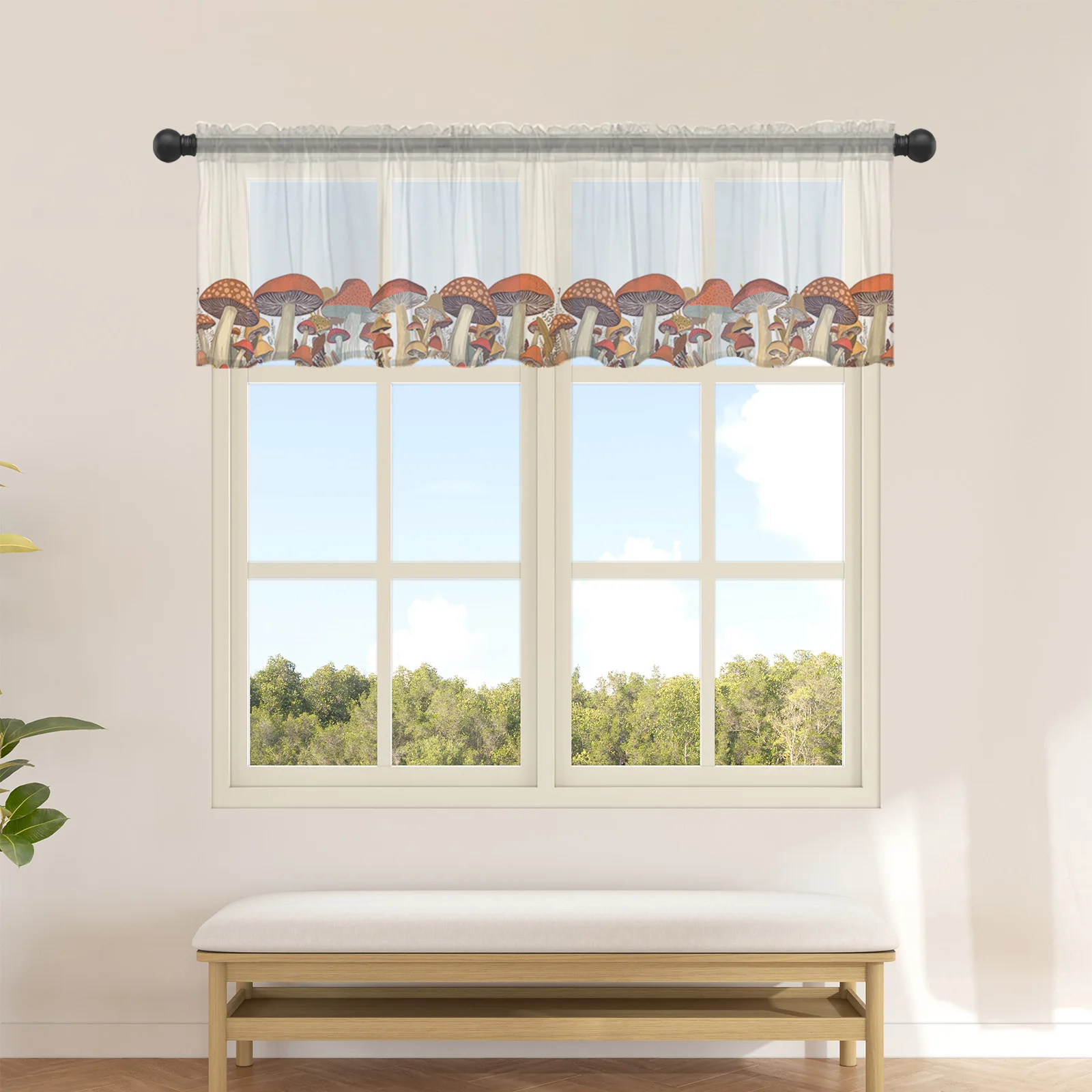 

Autumn Mushroom Vintage Short Tulle Curtains for Kitchen Cafe Sheer Voile Half-Curtain for Bedroom Doorway