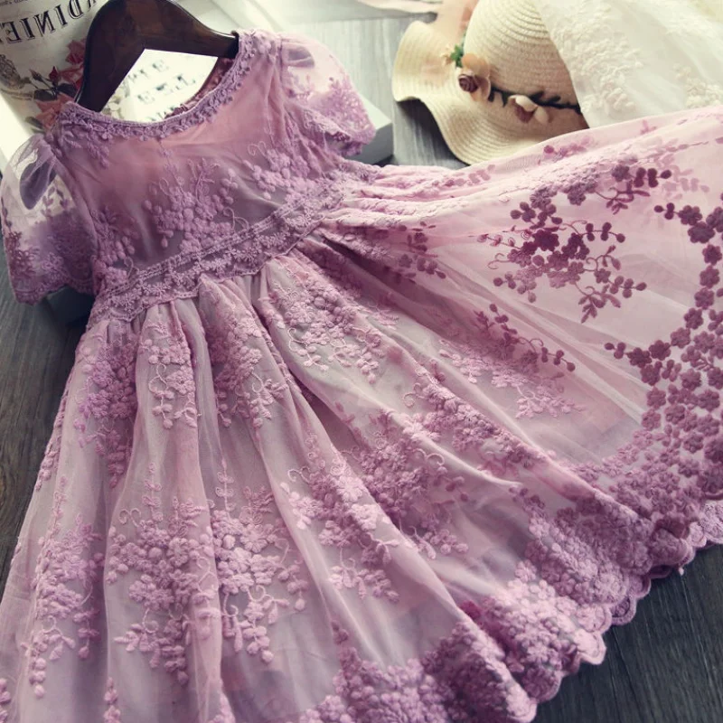 

Girls Flower Lace Embroidery Dresses Kids Summer Short Sleeve Elegant Princess Costume Birthday Party Vestidos Children Clothes