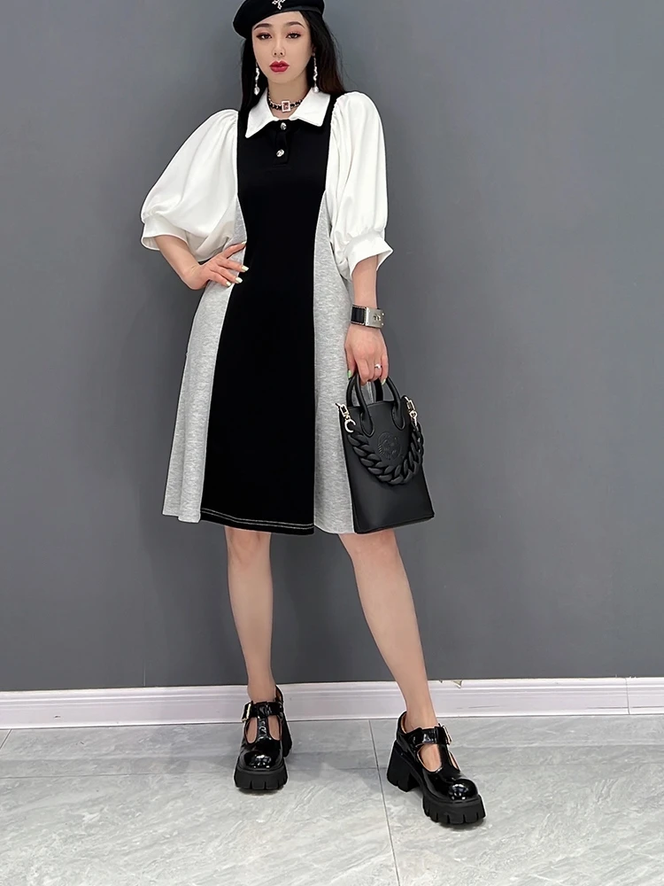

SuperAen 2022 Summer New Fashion Slim Turn Down Collar Shirt Casual Puff Sleeve A-LINE Knee-Length Dresses for Women