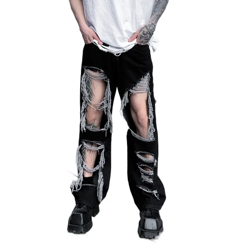 

Джинсы в стиле High Street Vibe, рваные брюки с большими дырками, модная уличная одежда, свободные джинсовые брюки в стиле хип-хоп