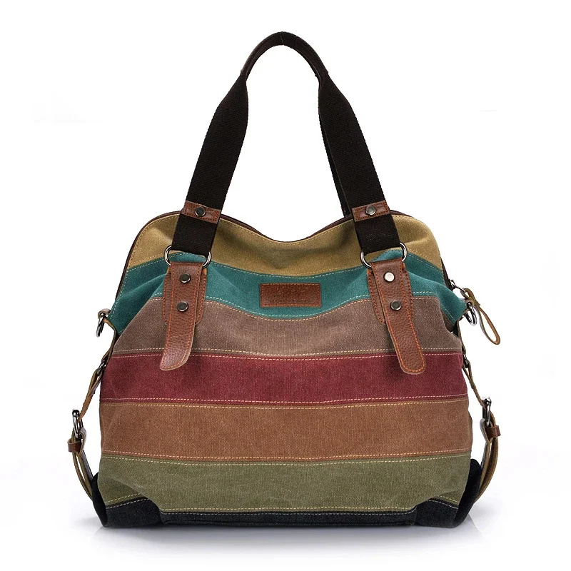 

SMOOZA Canvas Totes Striped Womens Handbag 2021 Patchwork Rainbow Shoulder Bag Fashion Female Casual Crossbody Bag Sac A Main