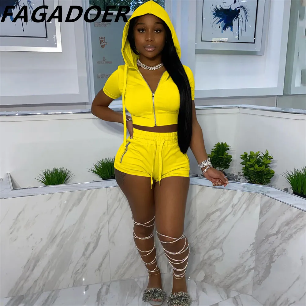 

FAGADOER Zipper Fitness Women 2 Piece Set Solid Casual Hooded Zip Jacket Top Bodycon Shorts Matching Set Summer Sporty Tracksuit