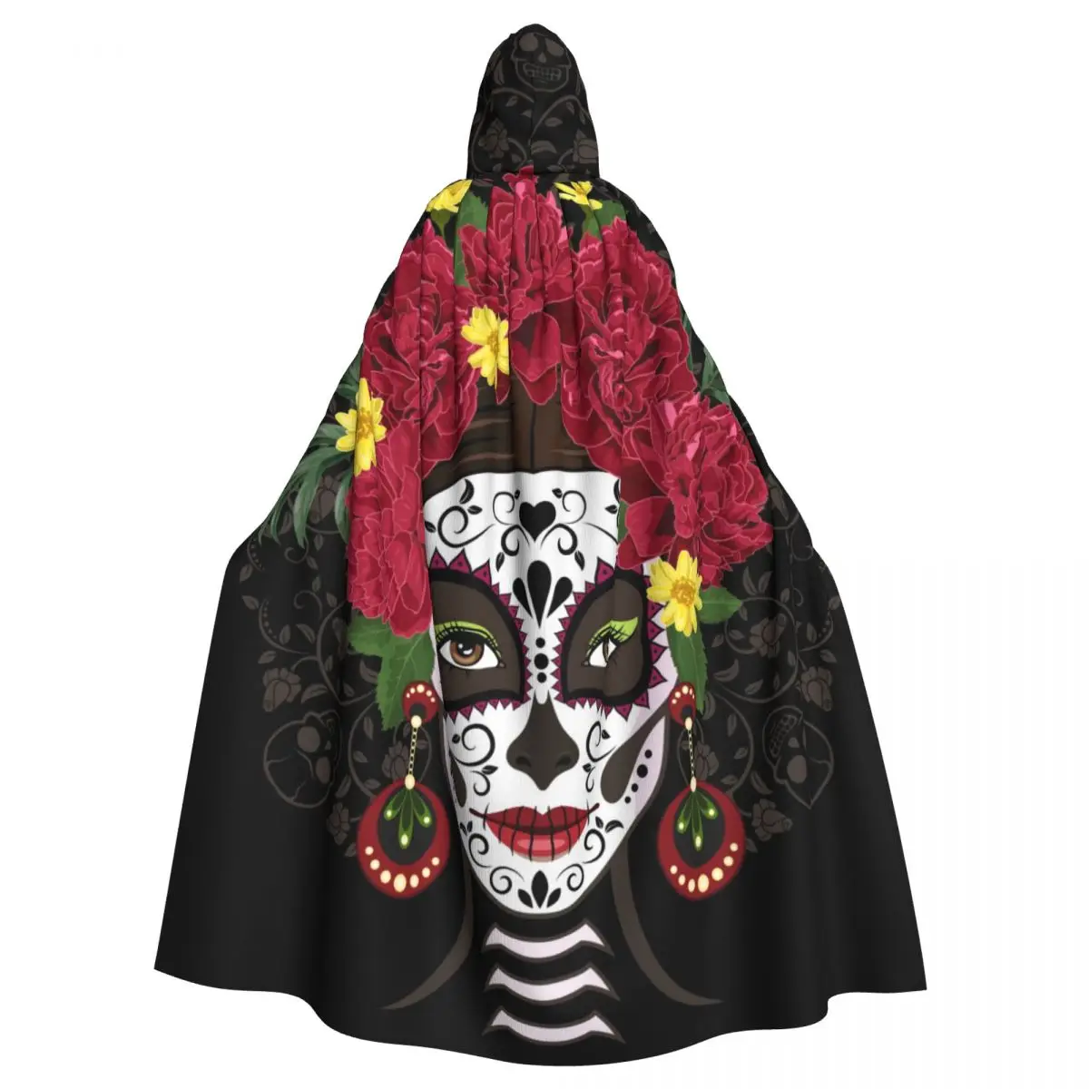 

Unisex Witch Party Reversible Hooded Adult Vampires Cape Cloak Santa Muerte With Peonies Calavera Catrina Day Of The Dead