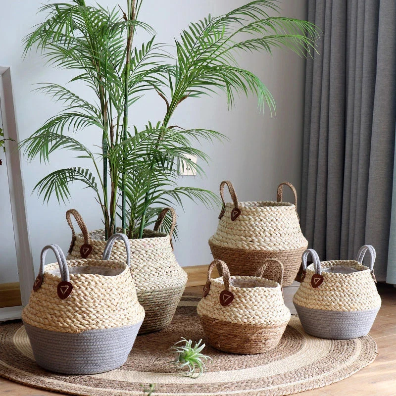 

With Handle Hand-made Foldable Plant Flower Pot Natural Woven Storage Basket Corn Rope Storage Basket Desktop Storage Box
