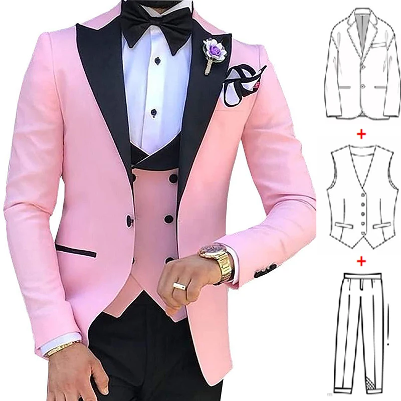 3 Pieces Groom Tuxedos for Wedding 2023 Men Suits Slim Fit Black Peak Plapel Best Man Formal Prom Suits (Blazer+Pants+Vest)