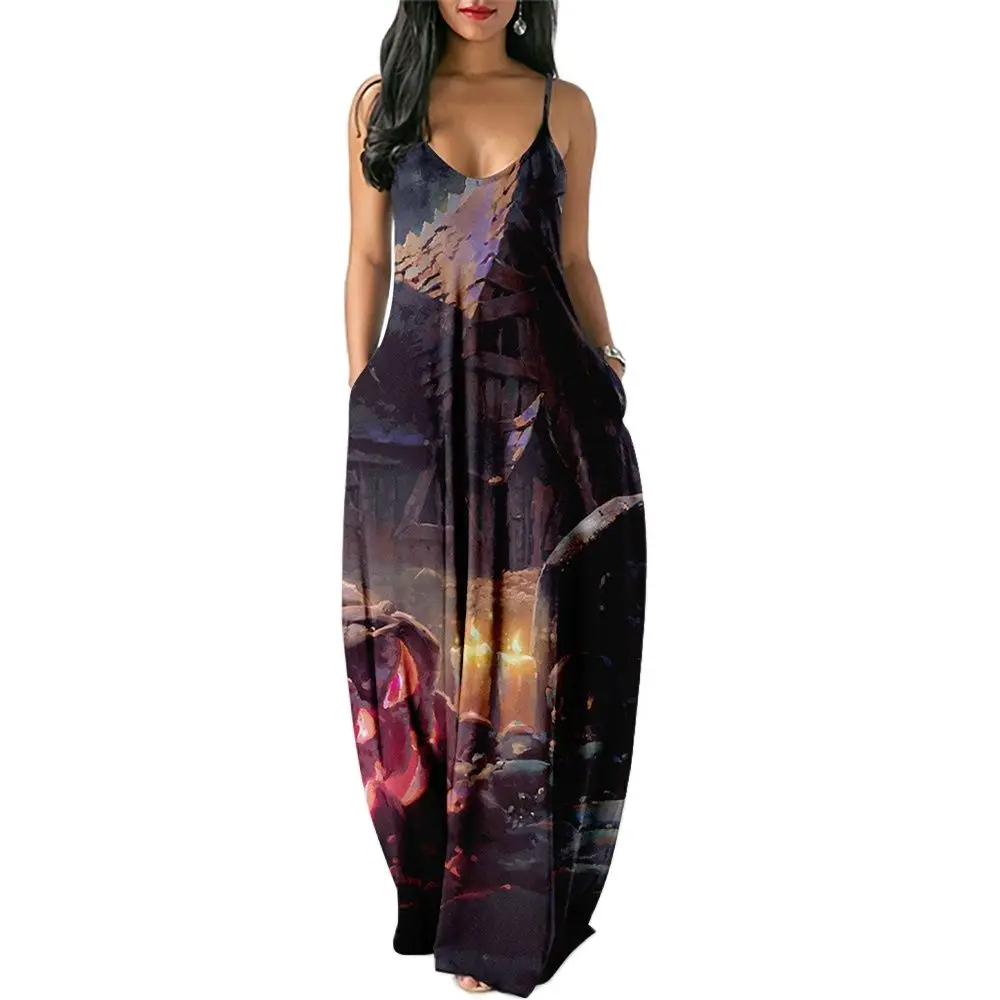 

Women's New Halloween Pumpkin Skull Digital 3D Print Dress Ladies Summer Round Neck Off Shoulder Sling Pocket Dress