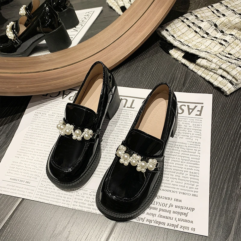 

Black Leather Shoes Spring and Autumn Casual Shoes High Heel Shoes Pearl Women's Shoes Square Heel PU Women Shoes 2022