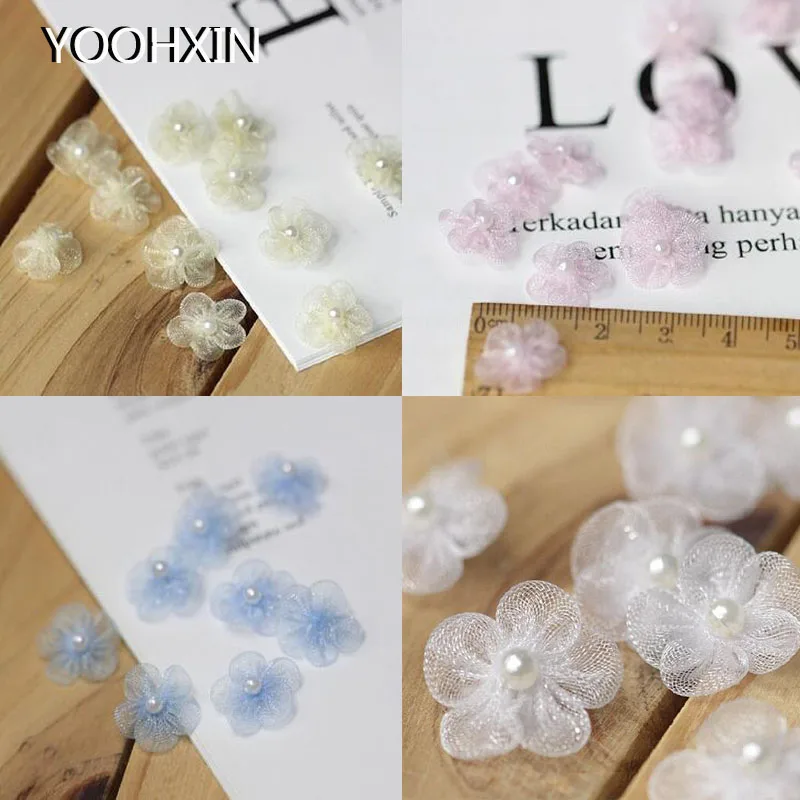 

5pcs NEW 3D Five-petal Pearl Sunflower flower organza patches DIY sewing applique cloth dress wedding Hairpin headdress decor