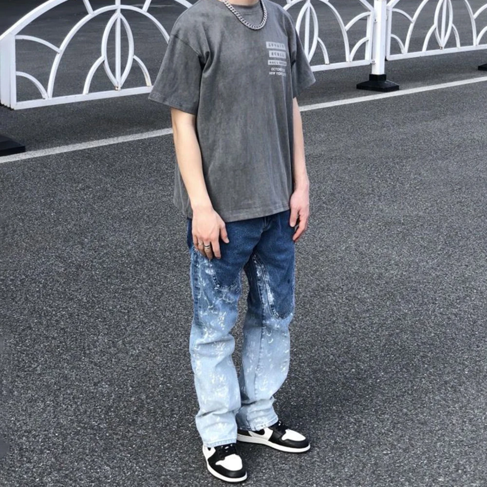 American Street Gradient Splashed Ink Graffiti Jeans Men's Tide Brand Straight Leg Loose Old Washed Retro Casual Pants Trousers