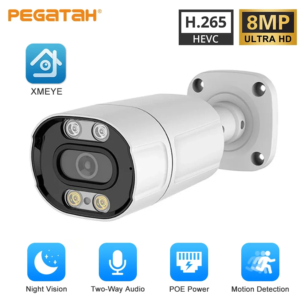 

PEGATAH 4K 8MP IP Camera Audio Outdoor POE H.265 Onvif CCTV 4MP Human Detection Color Night Vision Waterproof Security Cameras