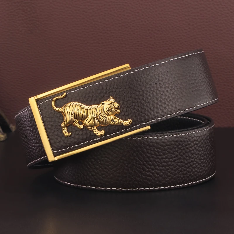Fashion Gold 3.8cm Wide Belt  Sliding Tiger Buckle Belt Male Fancy Vintage  Cow Leather Cintos Masculinos Black Cowskin Casual