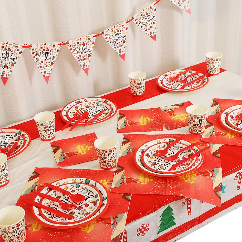 

2021 New Christmas Props Paper Cups, Plates, Cutlery, Pennants, Birthday, Holiday Party Atmosphere Decorations