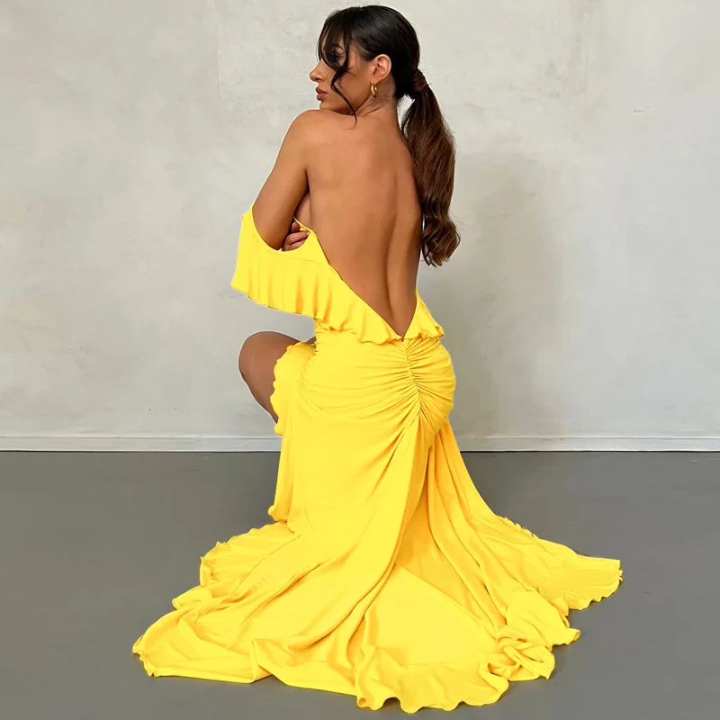

Распродажа из США, женское платье, Новинка лета 2023, сексуальное платье с открытой спиной, оборками и асимметричными подтяжками, женское платье, Оптовая продажа