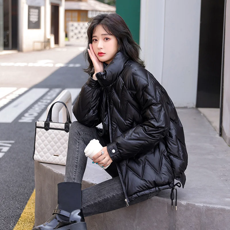 2022 Stand Collar Winter Jacket Women Bright Shiny Cotton Padded Warm Thicken Female Coat Short Parka Puffer Jacket