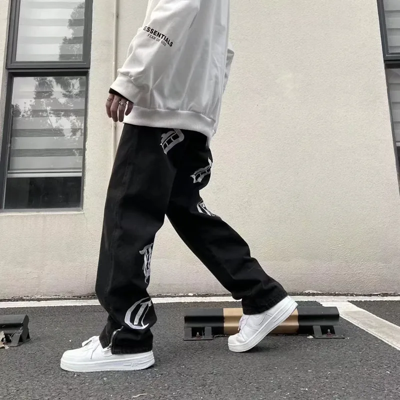 2022 Vibe Style Musical Note Embroidery Black Streetwear Men Slim Jeans Trousers Ankle Zipper Hip Hop Women Denim Pants Pantalon