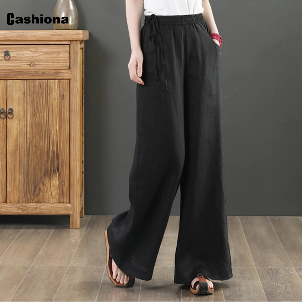 2022 Summer Cotton Linen Pants Women Casual Straight Leg Pants Women's Pants Solid All-matched Loose Elastic Waist Trousers