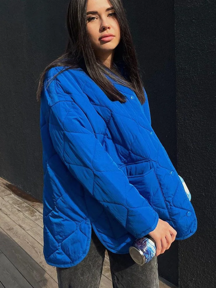 HenzWorld Autumn And Winter Blue Quilted Cotton Loose Blue Round Neck Cotton Jacket For Women Warm Button Down Coat And Jacket