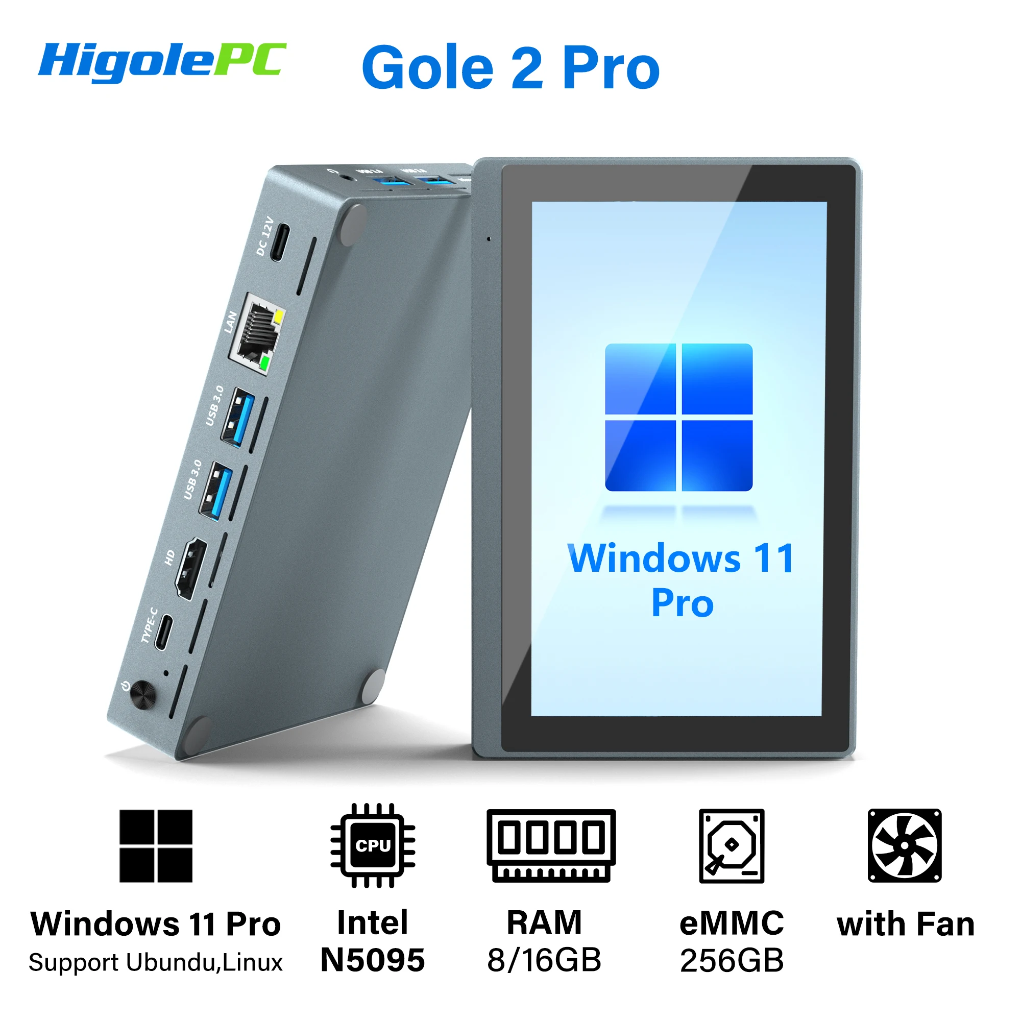 Мини-ПК Higole Gole 2 Pro 5 дюйма Intel N5095 с экраном Windows 11 WiFi5 16 ГБ 256 2500 мАч 4K Настольный