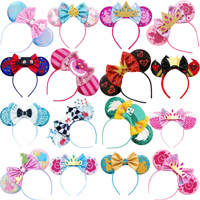 

Disney Alice In Wonderland Ears Hairband For Women Sequins Bow Red Queen Hair Accessories Kids Cheshire Cat Headbands Girls Gift