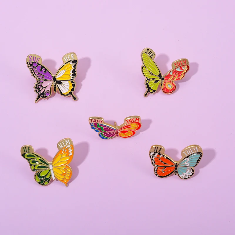 

Colorful Butterfly Enamel Pin Pronoun She Her They Them Lapel Pin Decorative Accessories Badge Women Jewelry Brooch for Gift