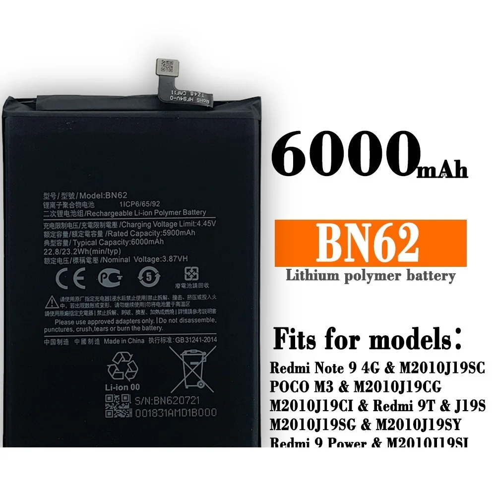 

100% Orginal BN62 6000mAh Phone Battery For Xiaomi POCO M3 Redmi Note 9 4G 9T Replacement Batteries Bateria + Tools