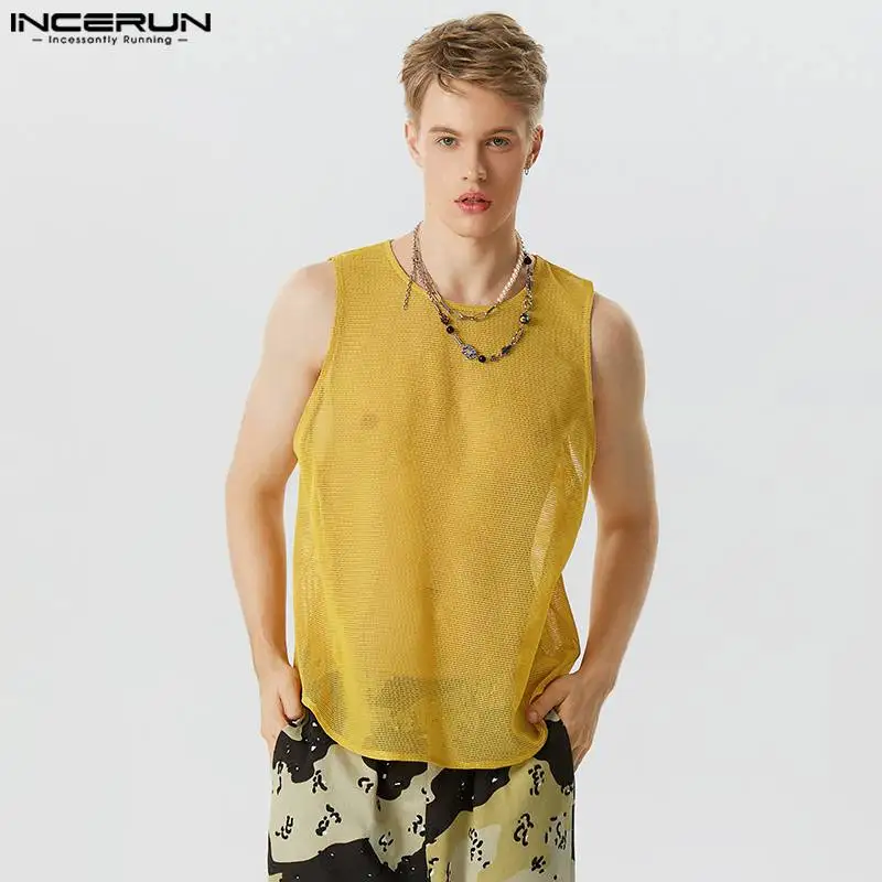 

American Style Handsome Men Vacation See-through Mesh Waistcoat Casual Sexy Male O-neck Sleeveless Vests S-5XL INCERUN Tops 2023