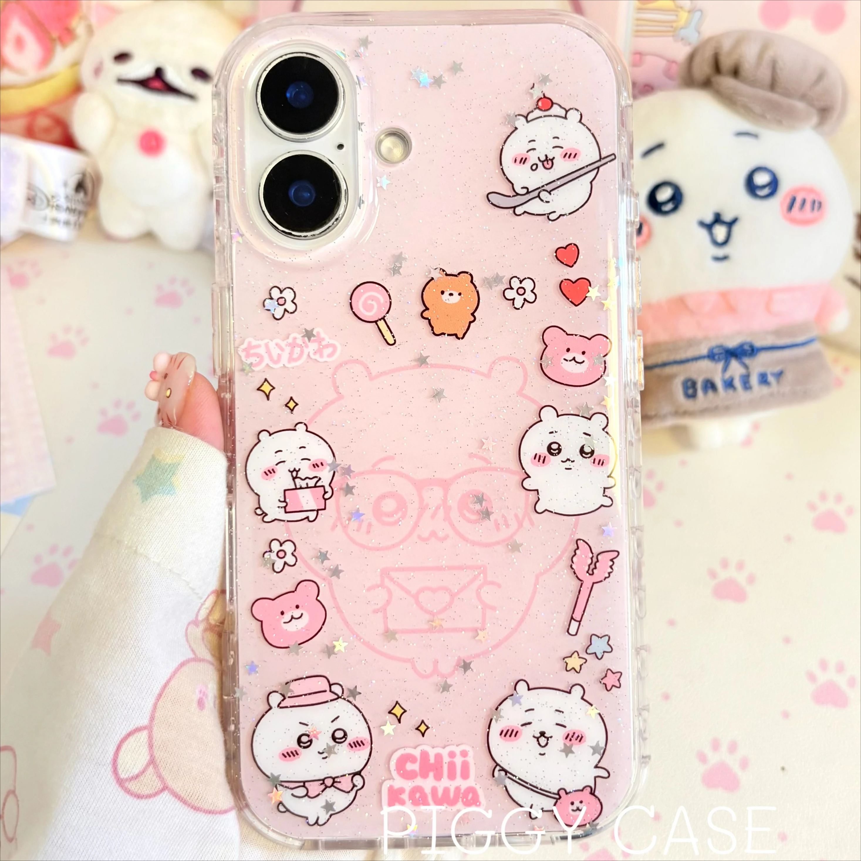 Фото Новый розовый чехол для iPhone 16 Pro Max с персонажами Chiikawa: милые мультяшные Хачиваре и Усаги, ударопрочный, прозрачный, мягкий, подарок для девочек, игрушки. №5
