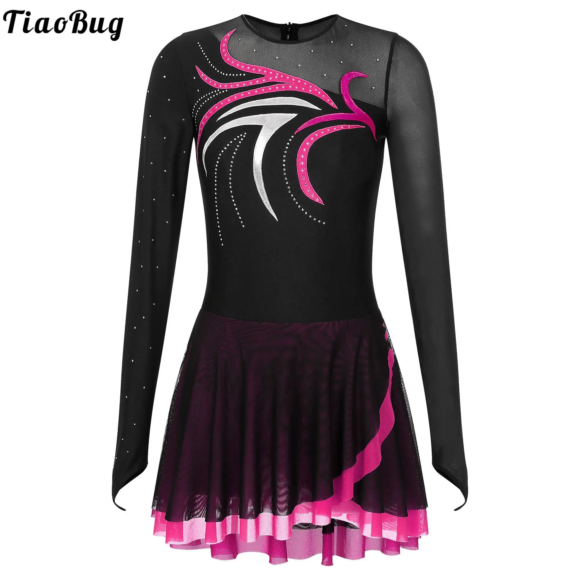 

Women's Gymnastic Leotard Ballet Dance Dress Adult Rhinestone Skating Dresses Long Sleeves Tulle Splice Figure Ice Skating Dress